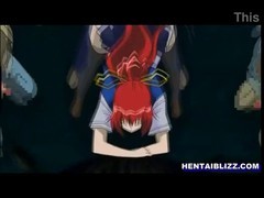 Rødhårete hentai skolepike blir boret av tentakler monster